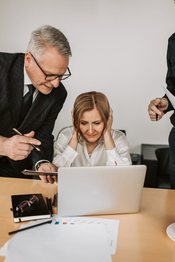 Business professionals engaged in project discussion over a laptop in an office setting.
